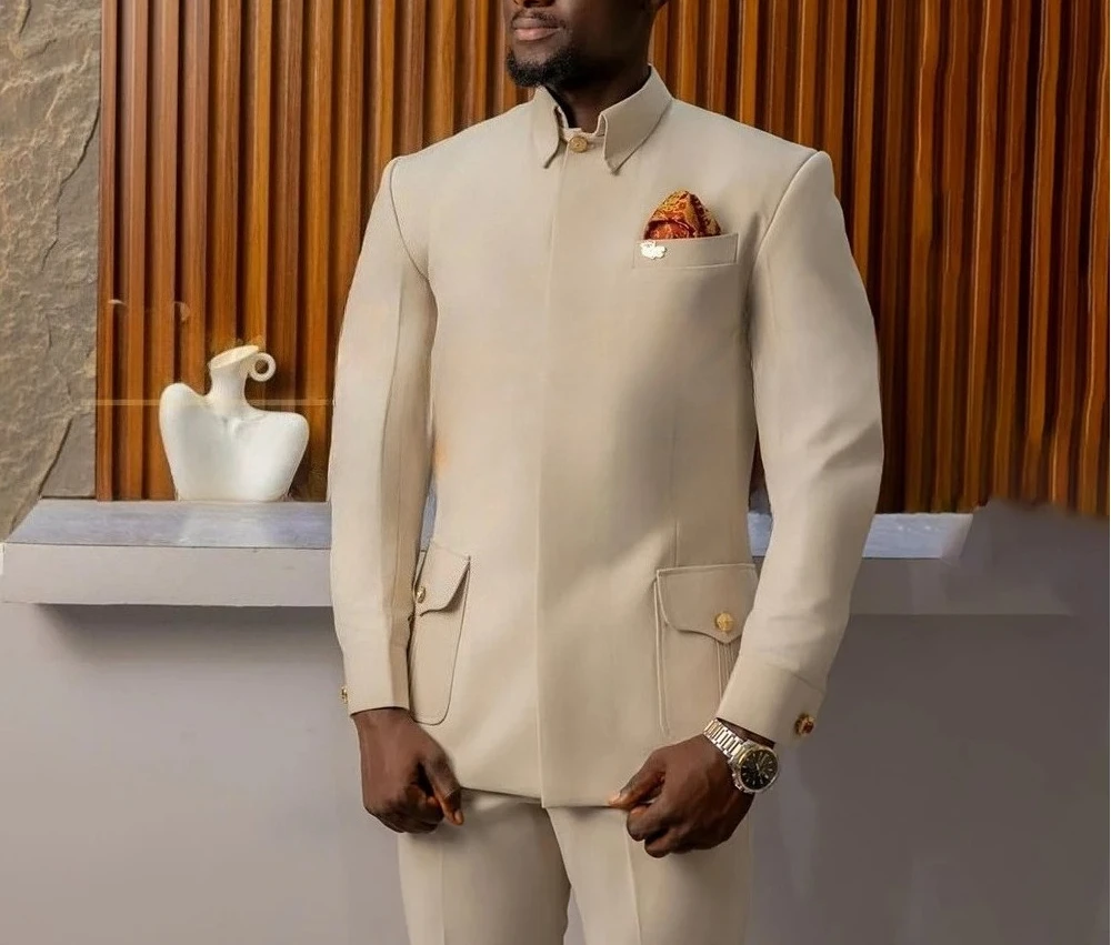 Elegant 2 Piece Jacket Pants Sets Formal Men's Suits Sand Lapel Regular Fit Back Split Business Smart Casual Male Cothing Blazer