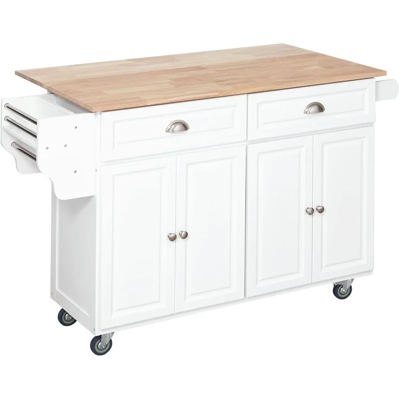 Rolling Kitchen Island Drop Leaf, Kitchen Cart on Wheels, Solid Wood Top Breakfast Nook with Storage Drawers,