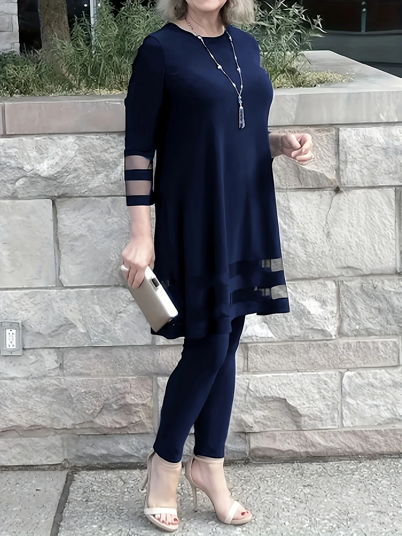 شبكة نسائية - طقم تونيك وطماق مفصلة 3/4 كم ملابس أنيقة