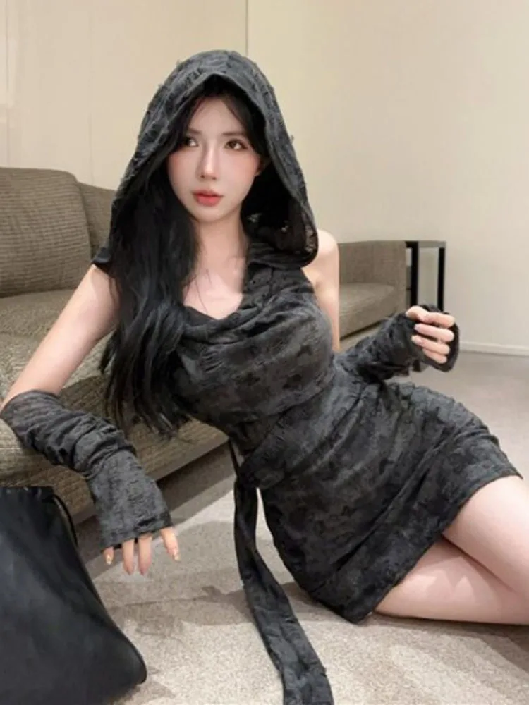 Punk Harajuku Gotico Abito con cappuccio per le donne Y2k Abiti aderenti sexy Felpa con cappuccio Abiti subculturali De Mujer Gotico scuro