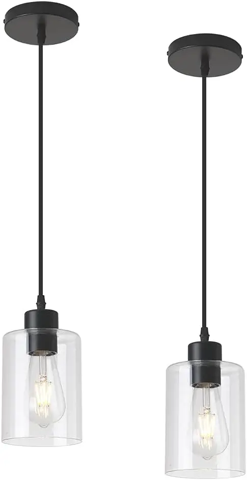 

Modern Black Glass Cylinder Pendant Light, Adjustable Kitchen Island Lighting - 4.75 Inch Shade, 58 Inch Cord (2 Pack)