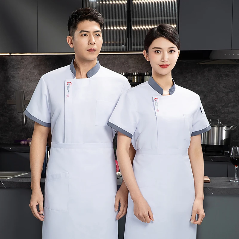 Uniforme de Chef à manches courtes pour hommes, veste de chef de Restaurant avec tablier, manteau de cuisinier, T-shirt de Chef, uniforme de travail, vêtements de serveur d'hôtel, Logo