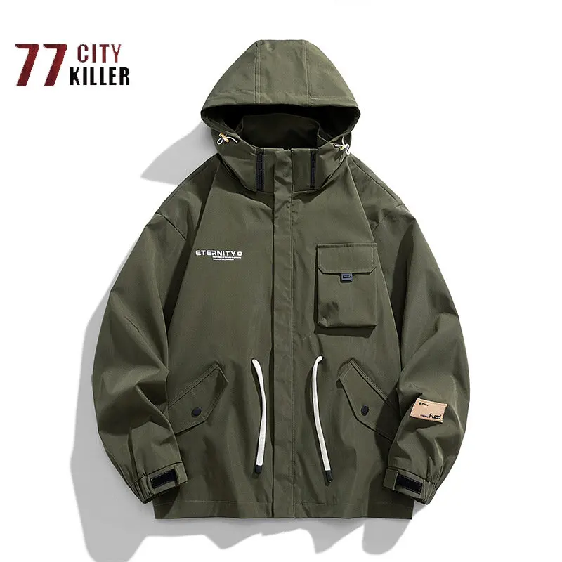 Men's Hooded Loose Jacket Multi Pocket Zipper Windbreak Top Men's Outdoor Sports Mountaineering Hunting Coat Plus Size L-9XL