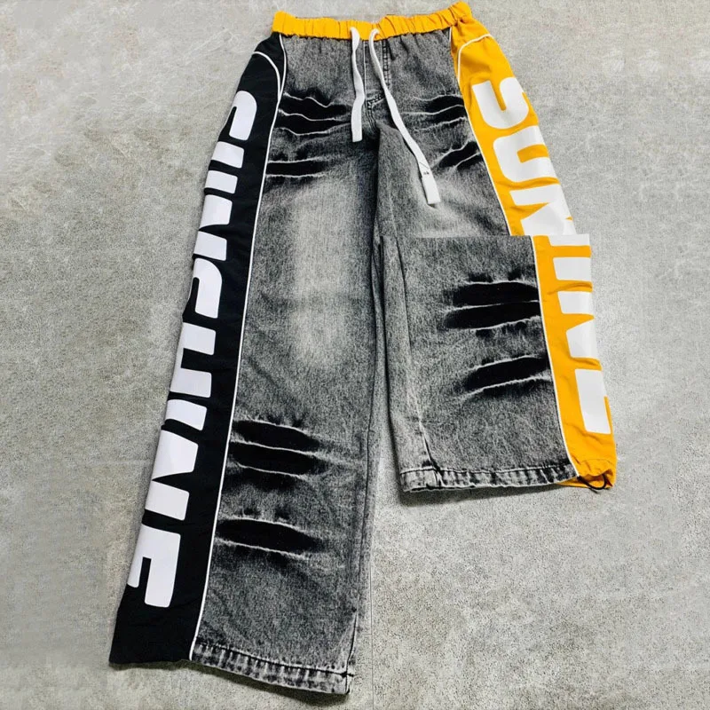 ANJY ฤดูใบไม้ร่วงใหม่ผู้หญิงกางเกงยีนส์ DENIM Patchwork ด้านข้างพิมพ์สายรัดเอวยางยืด Streetwear Casual Chic กางเกง A8764