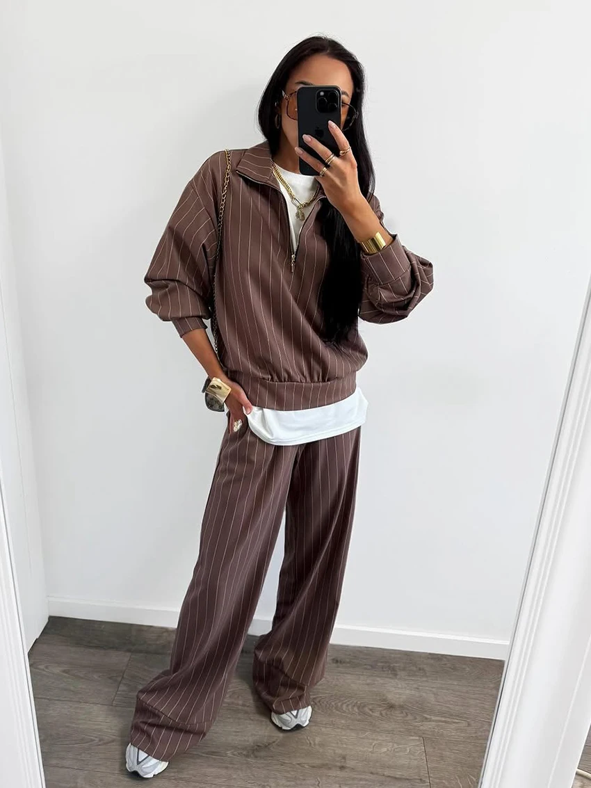 

Marthaqiqi Striped Female Nightgowns Set Turn-Down Collar Sleepwear Long Sleeve Nightwear Pants Winter Women Pajama 2 Piece Suit