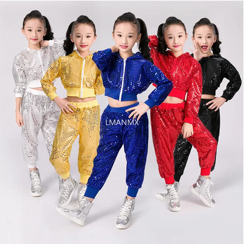 Kinder Pailletten Jazz Tanz moderne Cheerleading Hip Hop Kostüm für Kinder Jungen Mädchen Ernte Top und Hose Performance Outfits Kleidung