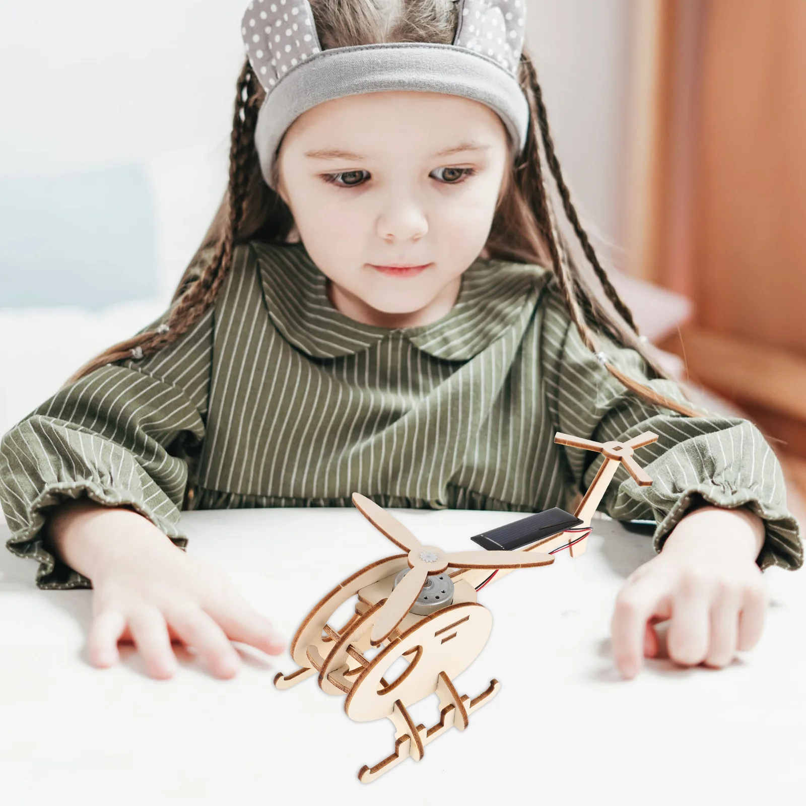 Solar Helicopter Diy Science Airplane Model Wood Beige Engineering Kit Assemble Child