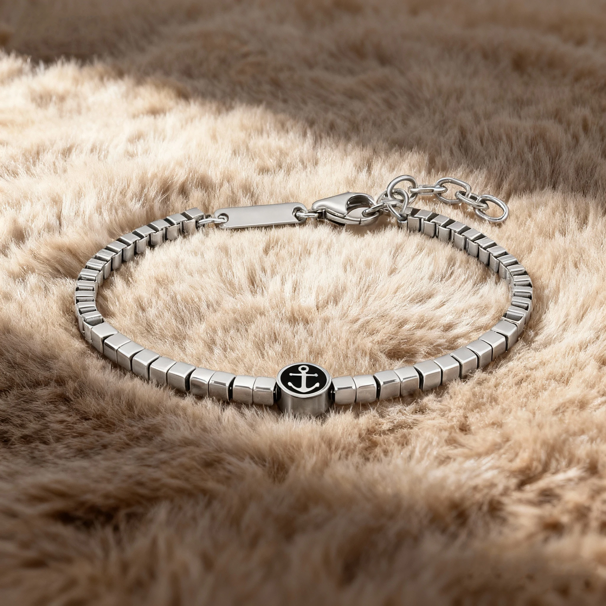 Runda Men\'s Stainless Steel Bracelet Box Chain Anchor Pattern Pendant Adjustable 22cm Fashion Luxury Brand Accessory