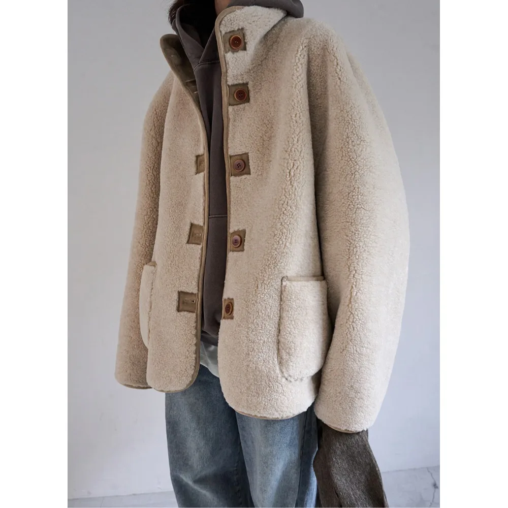 Jaet de piel de cordero para mujer, ropa de abrigo informal con diseño de un solo botón y cuello levantado, estilo callejero, coreano, para primavera, Otoño e Invierno