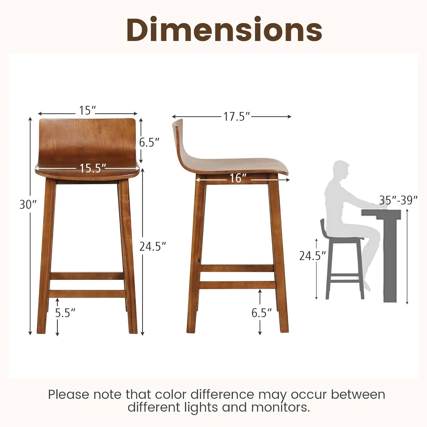 Giantex 24.5" Bar Stools Set of 4, Counter Height Stools w/Backrest & Footrest, Wooden Bar Dining Chairs, Armless Solid Wood