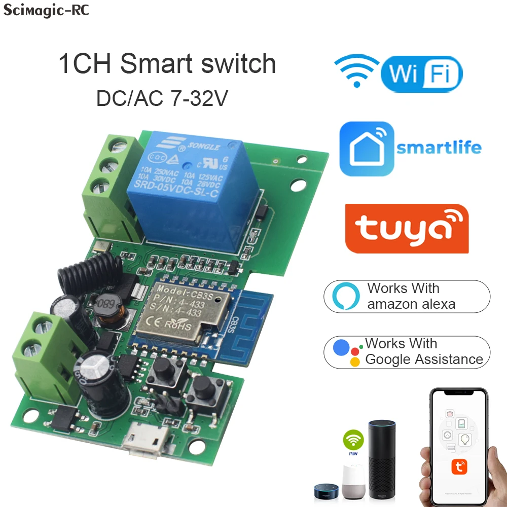 Mais novo interruptor wi-fi inteligente tuya, canal rf 433mhz ac/dc 7-32v ac 85-250v, funciona com alexa, google home, módulo de relé inteligente