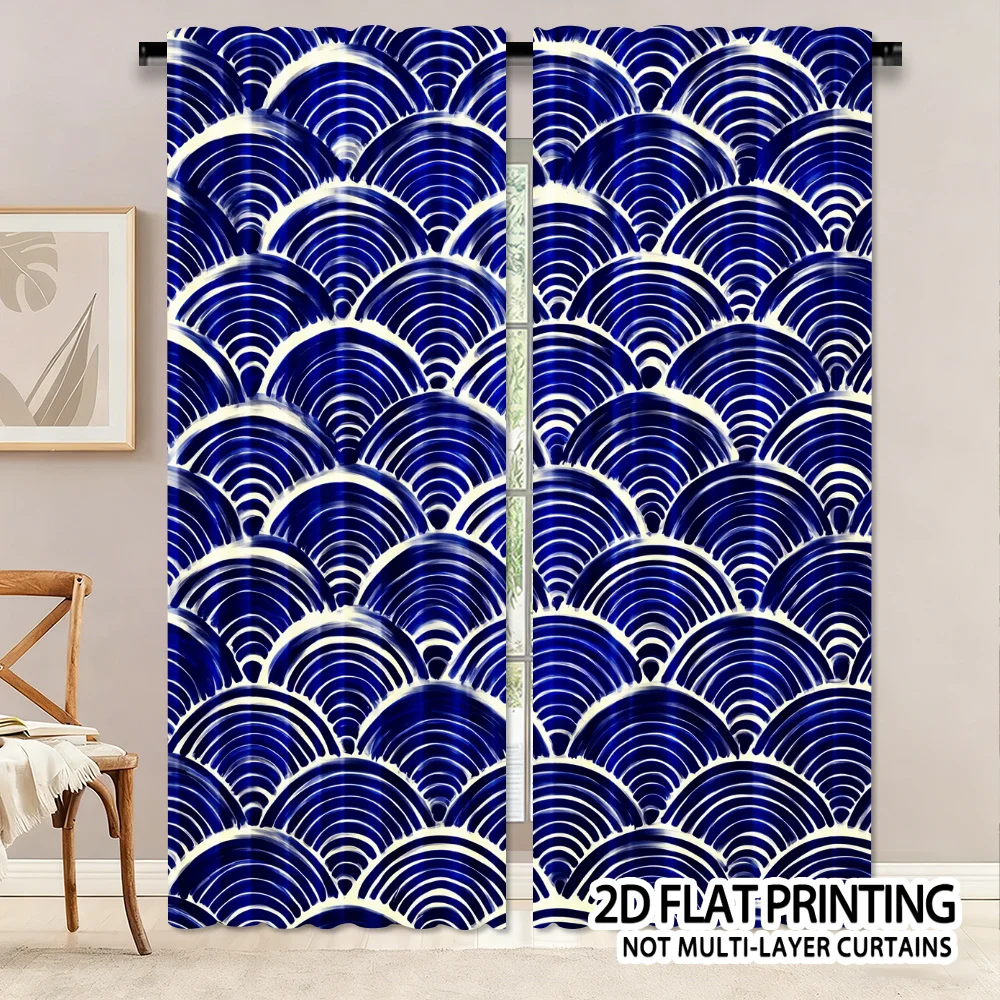 Blue Japanese wave style Print Drapes Room Darkening Window Curtains for Home Decor,Rod Pocket Blackout Curtains Bedroom
