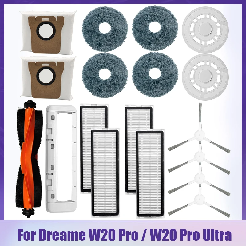 For Dreame W20 Pro W20 Pro Ultra Robot Vacuum Cleaner Parts Side Roller Brush Cover Mop Cloth Dust Bags Hepa Filter Replacement