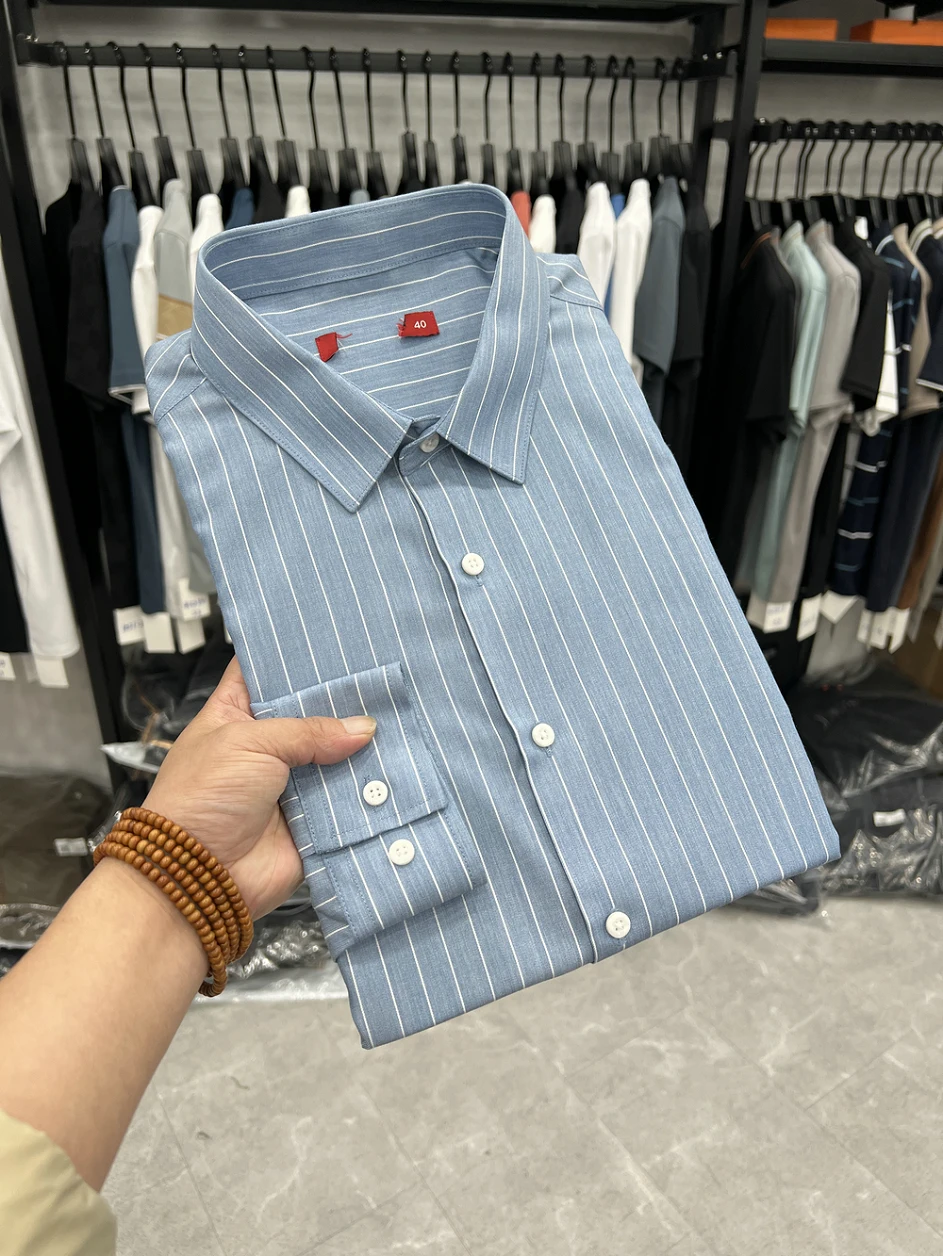 

Dongjia Spring New Men's Long Sve Striped irt Busin Commute Slim Fit Dad's Sle Casual Polyester Viscose Blend irt