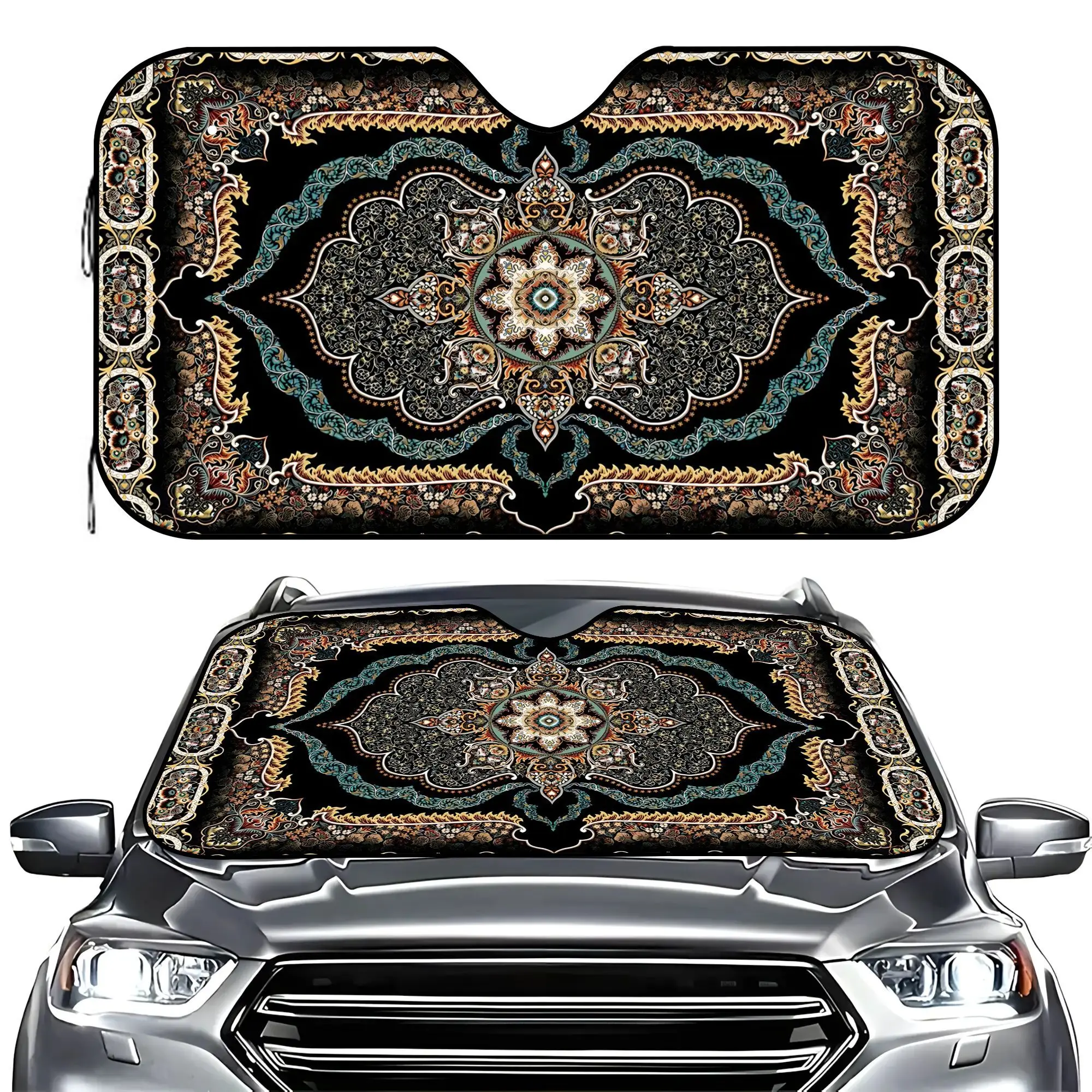 Bohemian Folk Pattern Foldable Sunshade - UV-Blocking Car Visor With Vibrant Floral Design, Premium Polyester Windshield Protect