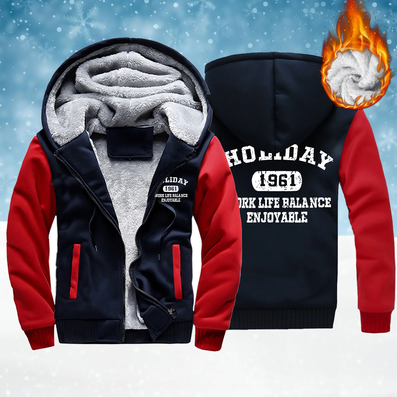 

Holiday 1961, мужская толстовка с карманом на молнии и принтом Work Life, модные уличные пальто, свободные зимние толстовки, утепленные флисовые толстовки с длинным рукавом