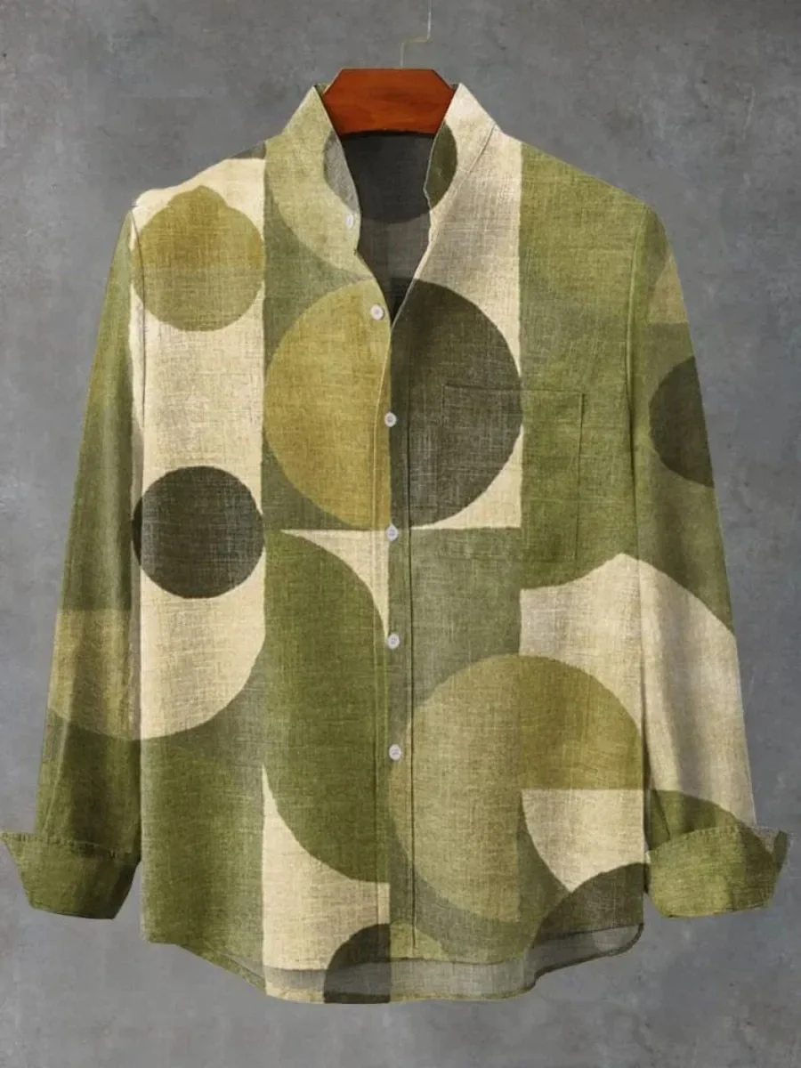 New spring and autumn men's stand-up collar linen long-sleeved shirt 3D art printed simple pattern top men's casual shirt