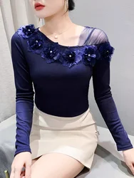 Women Cotton T shirts Long Sleeve Skew Collar T Shirts Korean Style Girls Patchwork Fairy Flowers Tops Tees