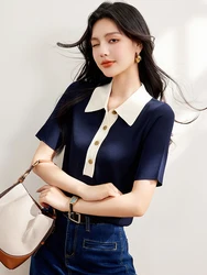 Women's Lapel Top 2024 Summer New Button Short Sleeve Pullover T-shirt Casual Versatile Thin Knitted Tops Temperament Commuting