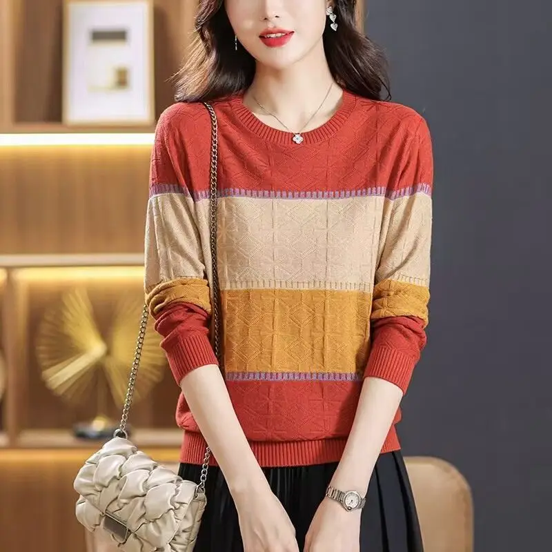 Autumn Winter Contrast Color Screw Thread Knitted Sweater Women\'s Clothing Round Neck Pullover Long Sleeve Casual Elegant Tops