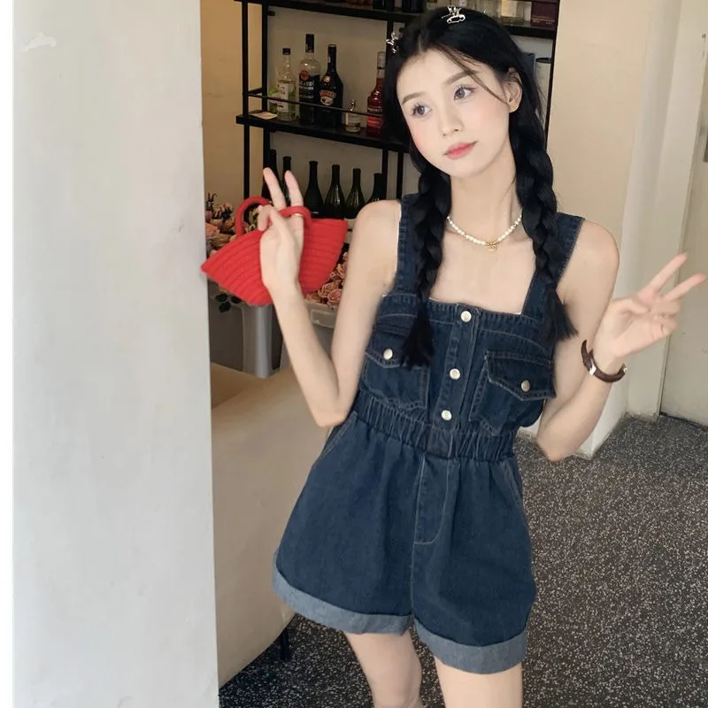 

Summer Women's Short Section Cargo Strappy Jeans Fashion Slim Waisted Rompers Shorts Youthful Vitality Jumpsuit Overalls Shorts