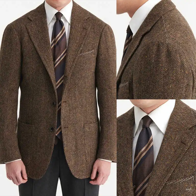 

Современные свадебные смокинги, 1 шт., куртка с зубчатыми лацканами, мужской костюм, винтажный однобортный костюм с узором «елочка», вечерний жених, по индивидуальному заказу