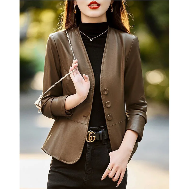 Leather Jacket For Women 2026 New Spring And Autumn High-End Design Waist Cinching Temperament Short V-Neck Leather Jacket Red
