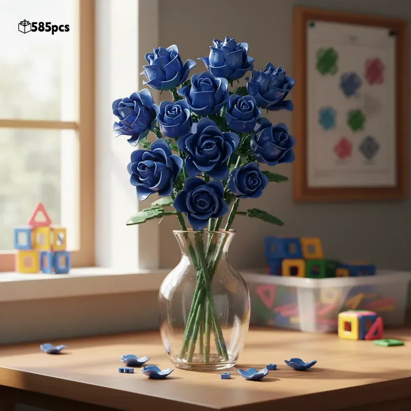 

585PCS Blue Yellow Roses Lego Style Blocks Romantic Multicolor Bouquet Valentine Gift for Girlfriend Home Decor