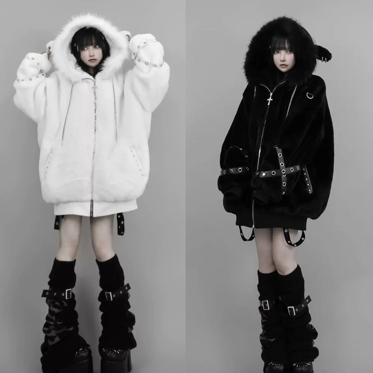 Vintage Punk Stil Hoodie Langarm Faux Pelz Frauen Casual Zipper Mit Kapuze Gothic Y2K Subkultur Harajuku Sweatshirts Herbst