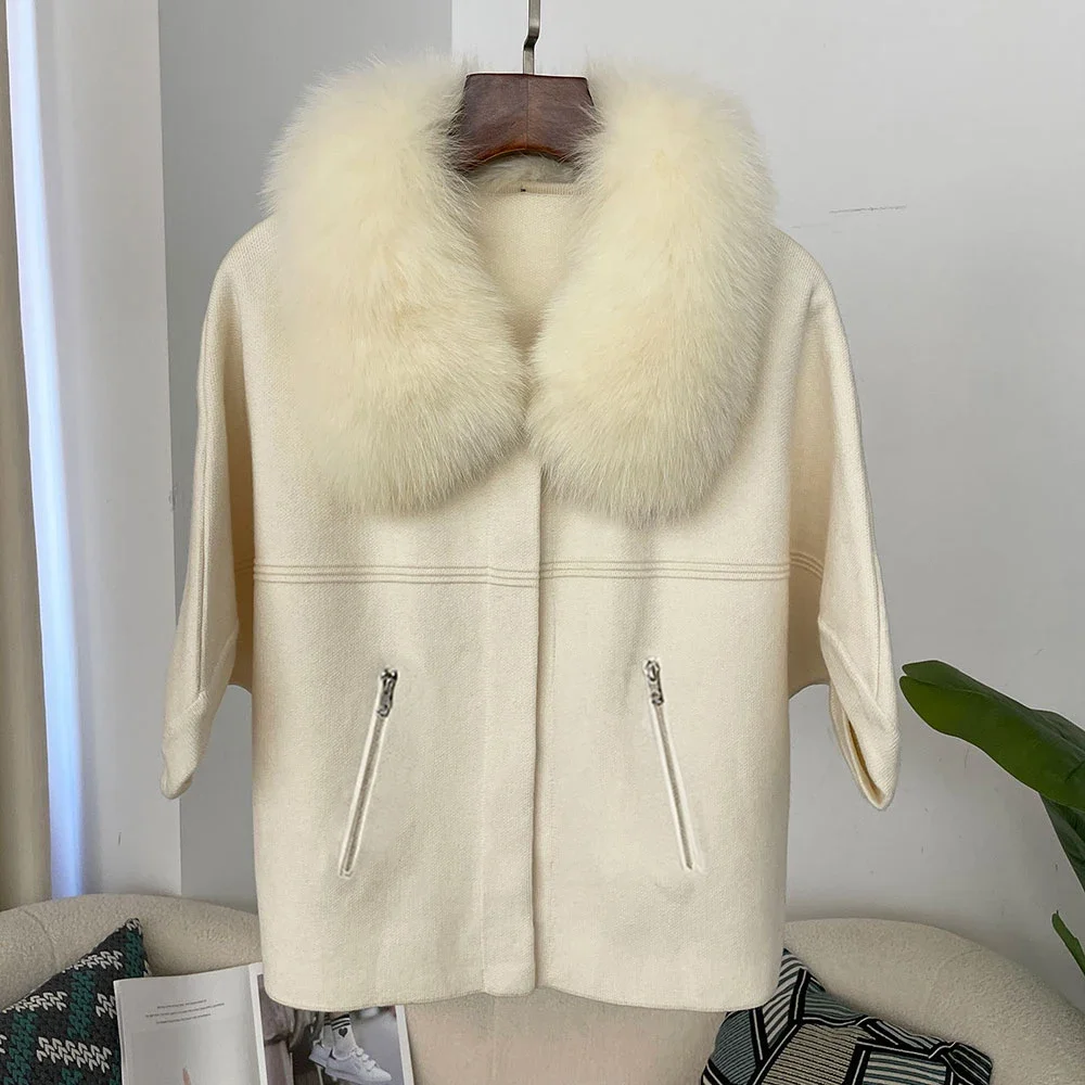 OFTBUY Herbst-Oberbekleidung für Damen, Kurze Batwing-Strickjacke mit Echtfuchs-Pelzkragen und -Manschetten, Kurzer Strickmantel für Damen – Detail 26