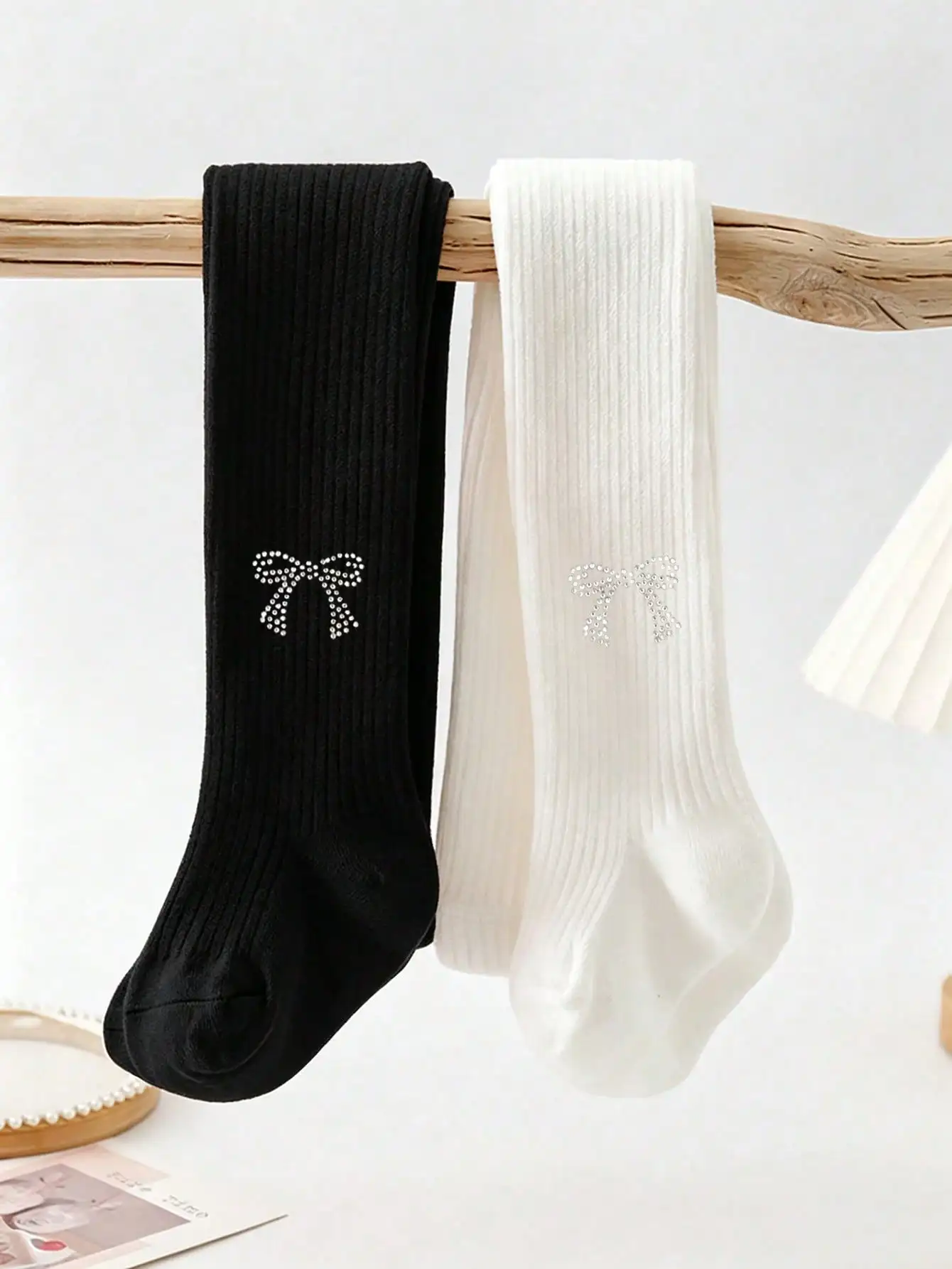 2Pcs Kids Girls Bow Rhinestone Tights, Anti-Snag Nylon Spandex Ribbed Pantyhose, Soft Elastic Leggings for 0-11Y Children