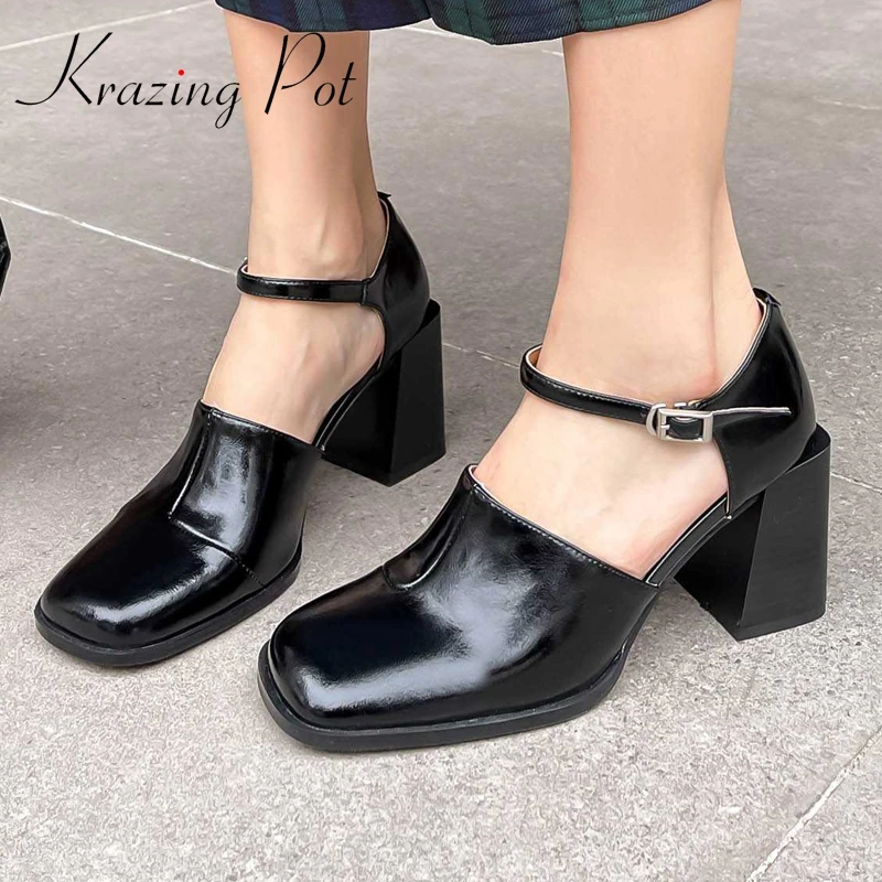 Krazing Pot Natural Leather Round Toe Chunky High Heels Retro Fashion Young Lady Summer Shoes Dating Buckle Strap Women Pumps