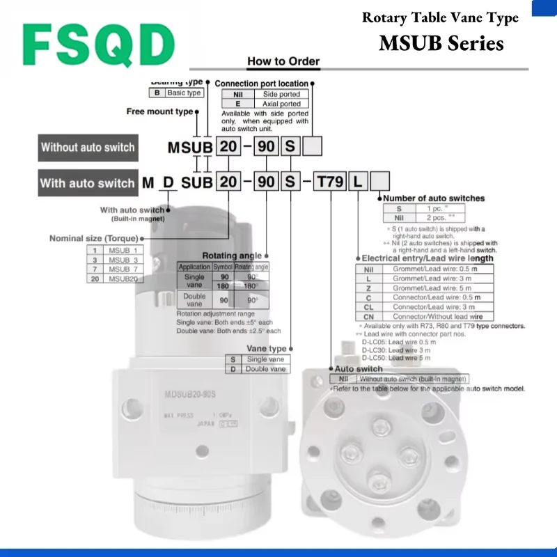 1PC Rotary Actuator Blade Type Cylinder MSUB1 MDSUB1 3 7 20 MSUA1 MDSUA1 MSUA3 MDSUA3 7 20-90S-180S MSUB MSU Series