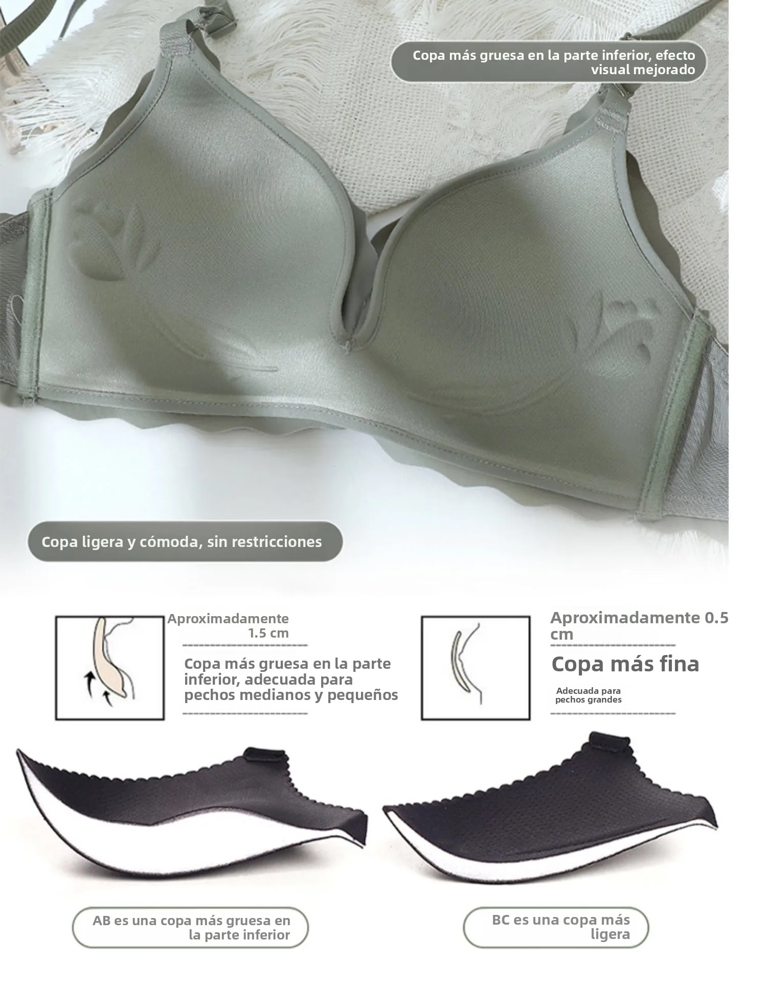 Conjunto de sujetador y bragas sin costuras para mujer, color blanco, fino, con efecto push-up, sin aros, ropa interior cómod...