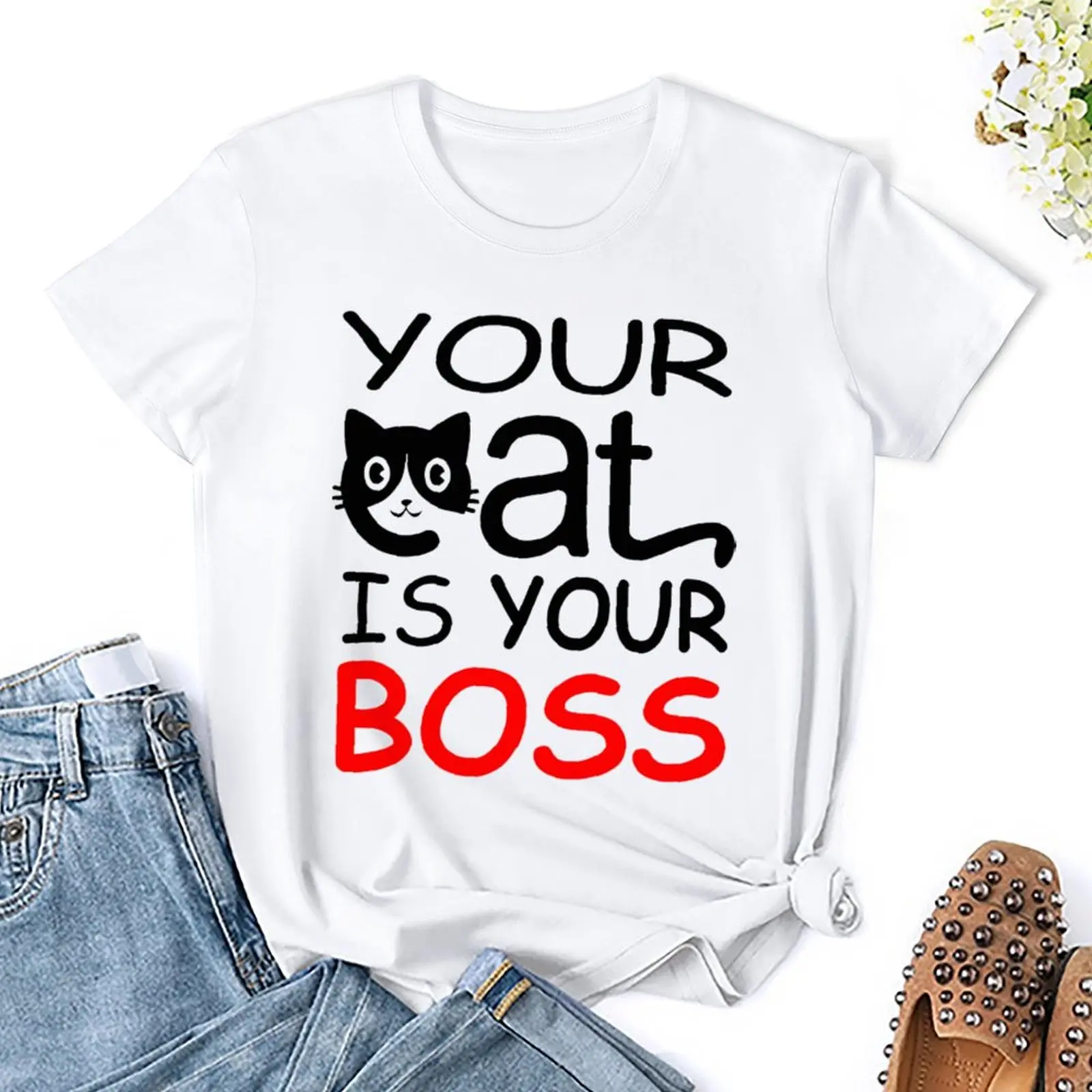 جولة الرقبة محب تي شيرت ، القط هو رئيسك ، الرياضة التي شيرت ، مضحك الطراعة ، السفر ، بيع