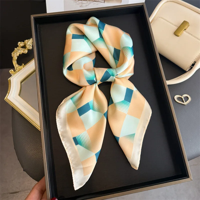 

Luxury 3D Checkered Square Silk Scarf for Women Geometric Print Bandana Satin Neck Hair Scarf Head Wrap Office Daily Travel Gift