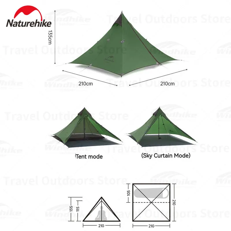 Naturehike Spire tenda kanopi nilon 20D 380T, tenda berkemah 4 ㎡ ruang besar luar ruangan portabel 1 orang PU2000mm mendaki pantai