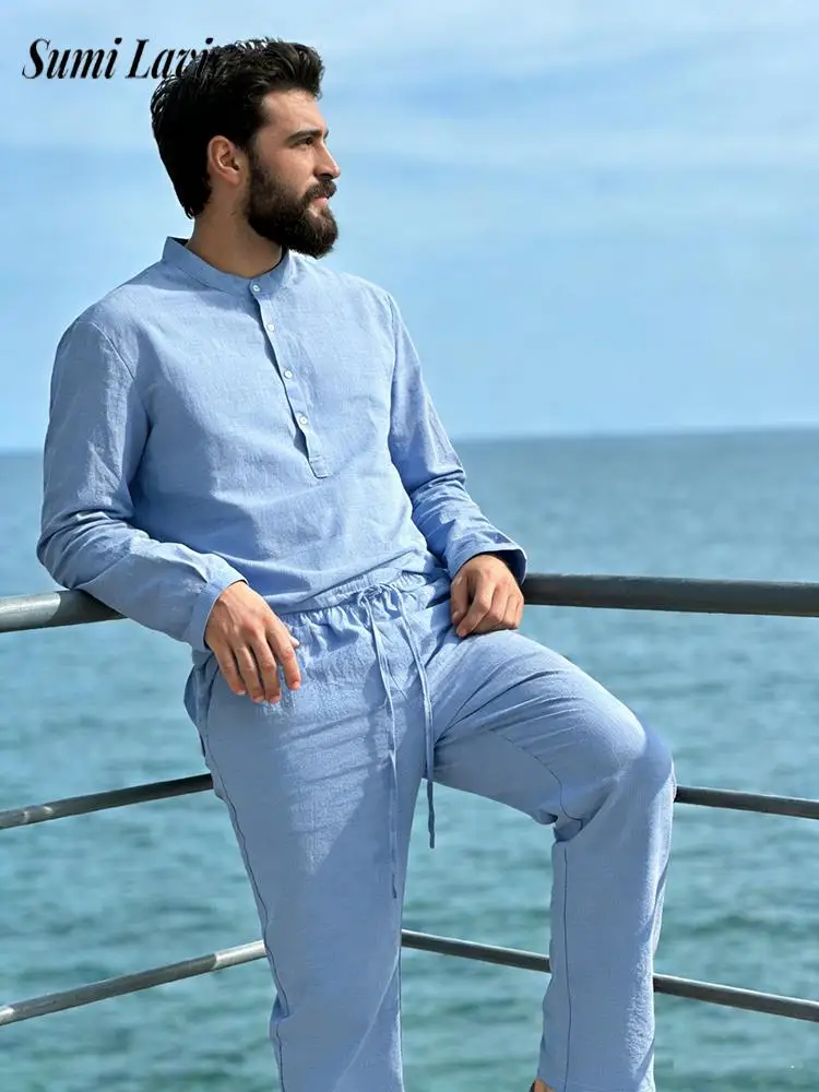 2026 Spring Summer New Casual Mens Two Piece Suits Vintage Stand Collar Polo Shirt And Pants Outfits Men Fashion Solid Color Set