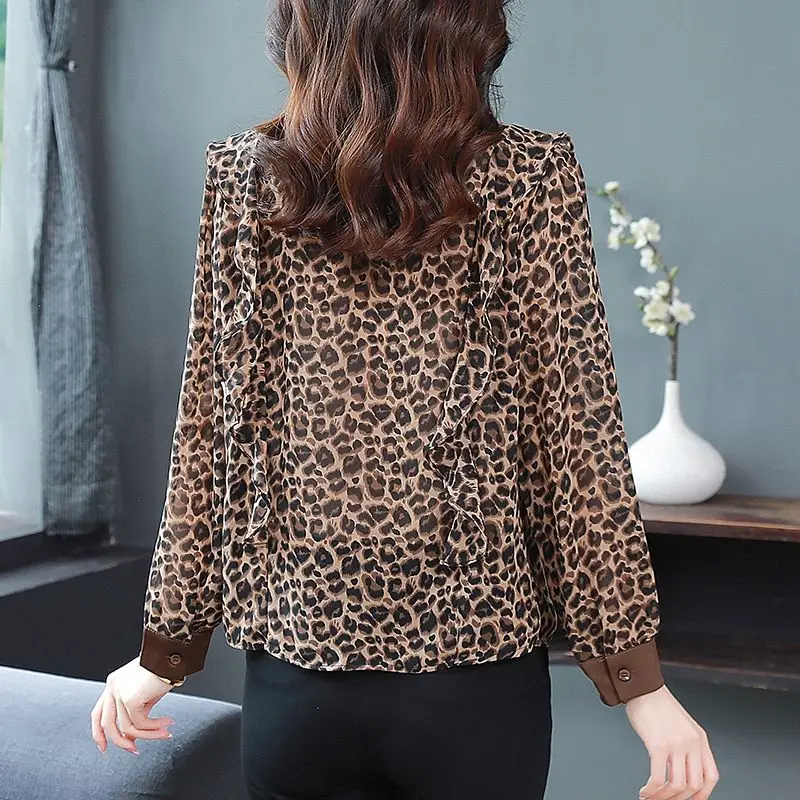 الأزهار الشيفون بلوزة المرأة ربيع الخريف أنيقة طويلة الأكمام كشكش الأعلى XQ240 #5