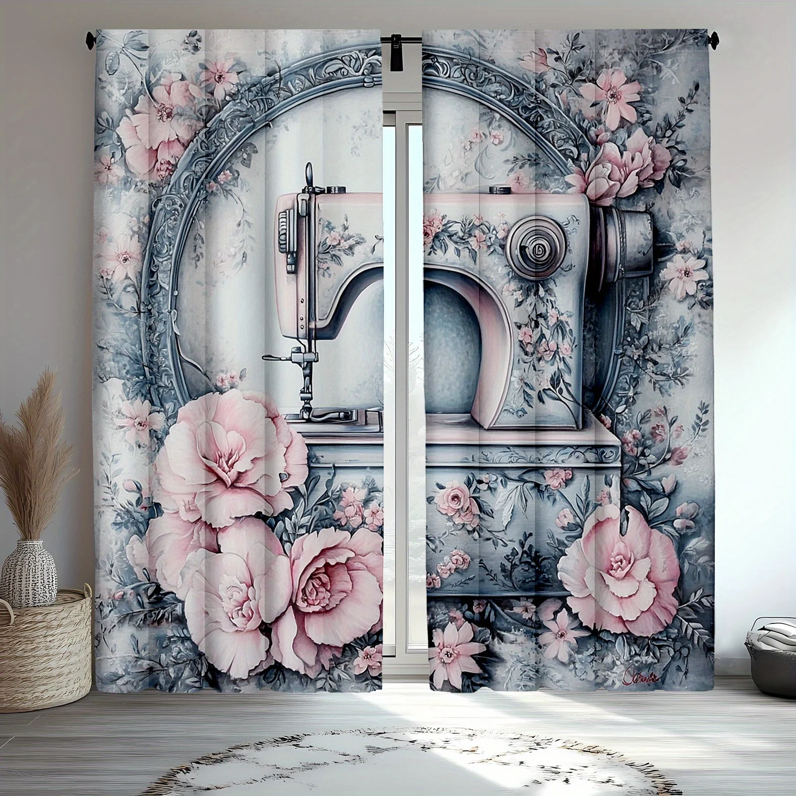 2pcs Vintage Sewing Machine Blackout Curtains, Colorful Floral Print, Rustic Rod Pocket Drapes for Bedroom & Living Room, Semi-T