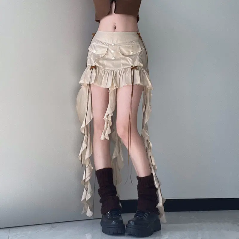 Mini Skirt Ruffled Low Waist Bowknot Long Ribbon Straps Women'S Y2K Summer Chic With Aesthetic Short Pleated Package Hip Skirts