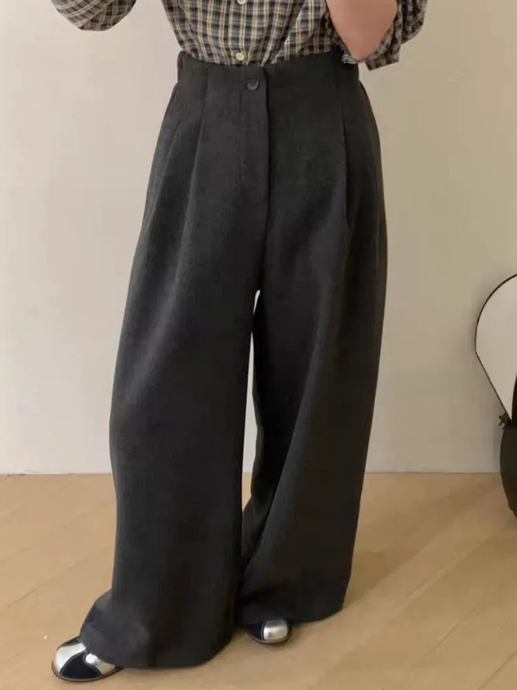 [EWQ] Fashion Vintage High Waist Woolen Wide Leg Pants All-match Loose Casual Women Gray Trousers 2024 Winter New Tide 16O3754