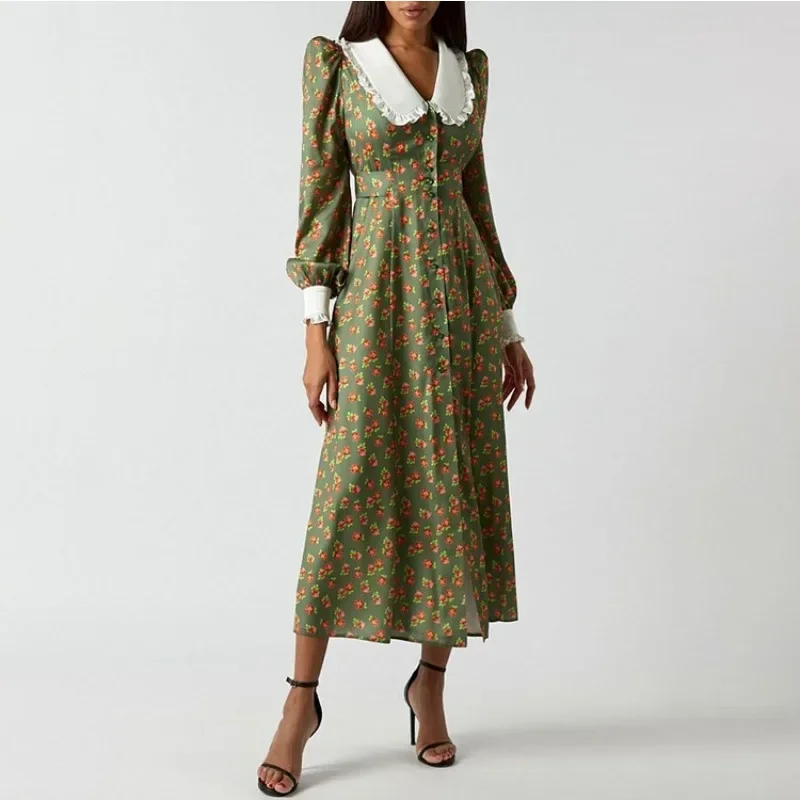 Boho Dress Vintage Celebrity Robe Elegant Women Corset Floral Print Dress Y2K Long Lantern Sleeve Doll Collar Single Breasted