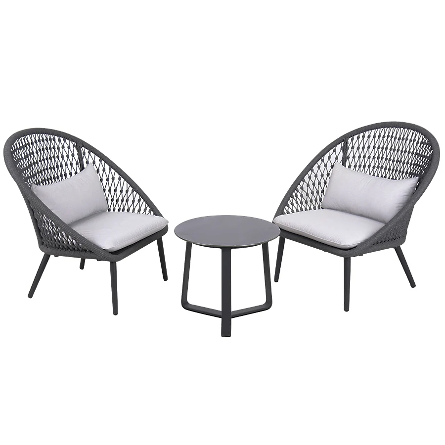 Outdoor braided rope sofa chair ceramic tempered glass top table for commercial garden design 3-piece club chair set