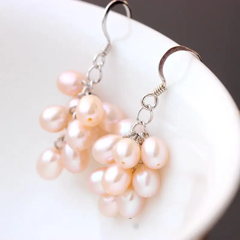 6-7mm Natural White/Pink/Black Freshwater Pearl Beads Grape Dangle Silver Hook Earrings