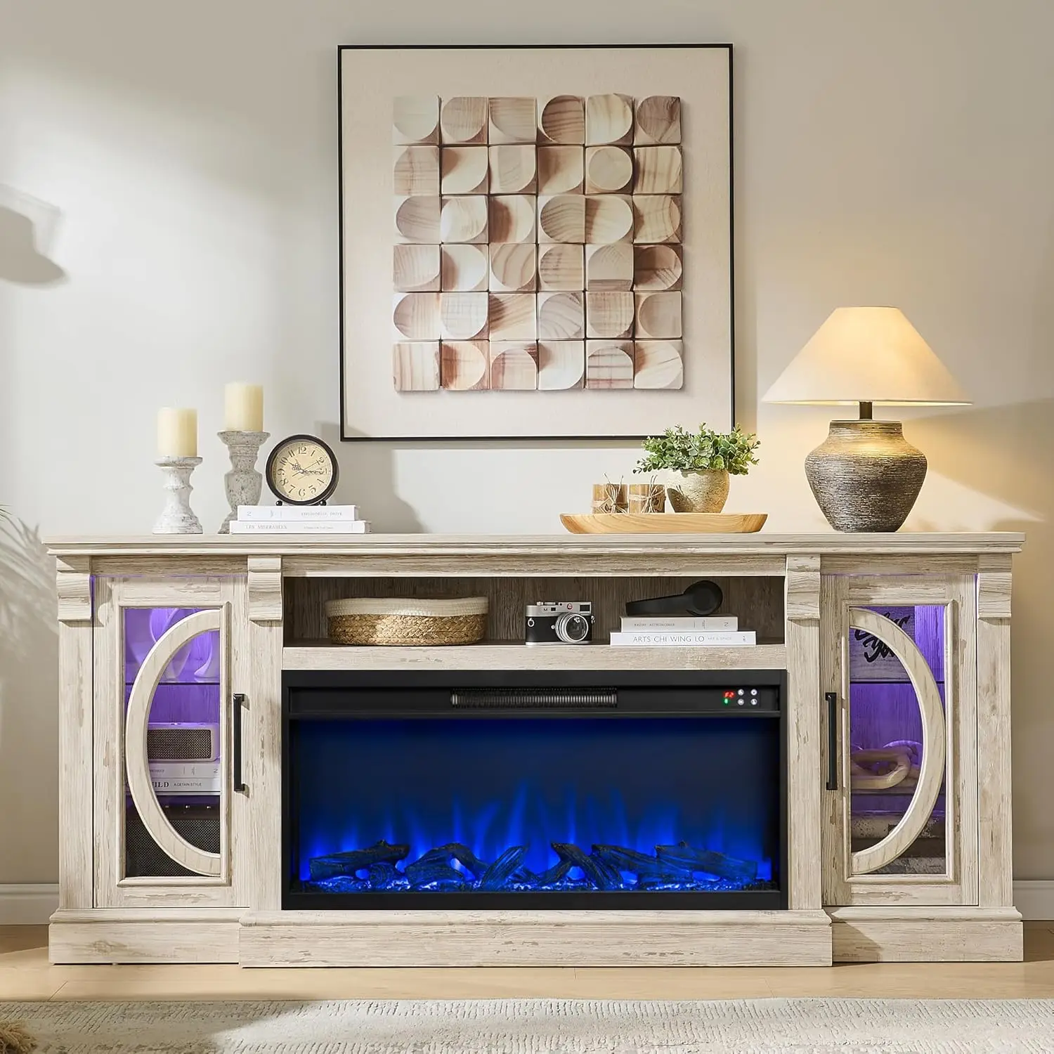 Crescent TV Stand with Fireplace for up to 80 Inch TV, LED Entertainment Center with 36 Inch Electric Fireplace, Farmhouse TV