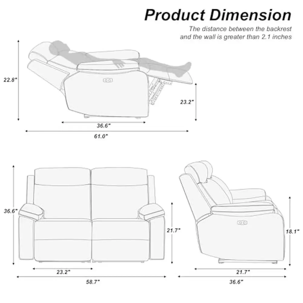 Electric Dual Power Recliner Loveseat Sofa Home Theater Adults Comfy Seating Wide Armrests Premium Fabric Easy Assembly 350lbs