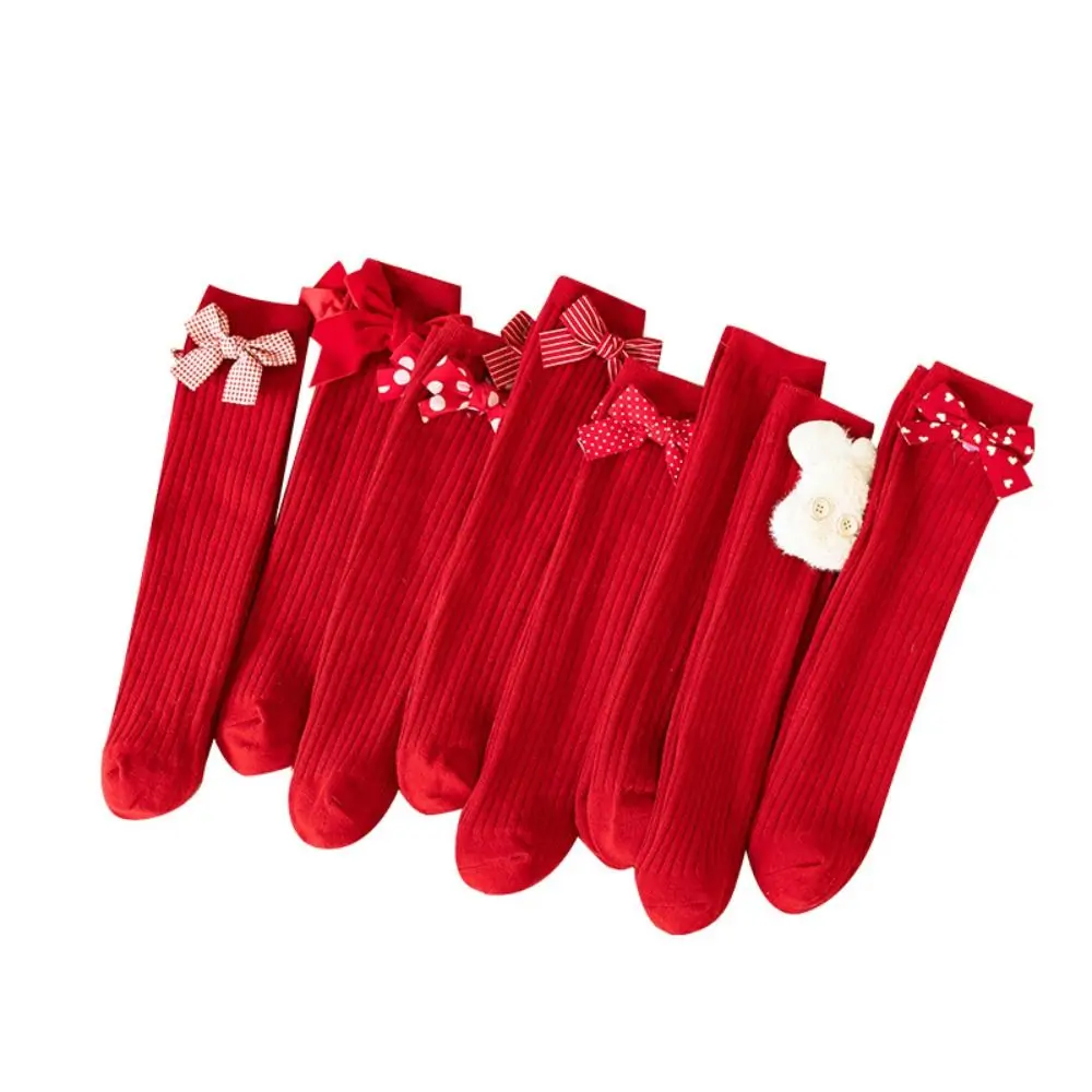 New Cotton Girls' Long Socks Red Stretch Mid-Length Socken Bow Ribbon Children's Semi-High Socking New Year