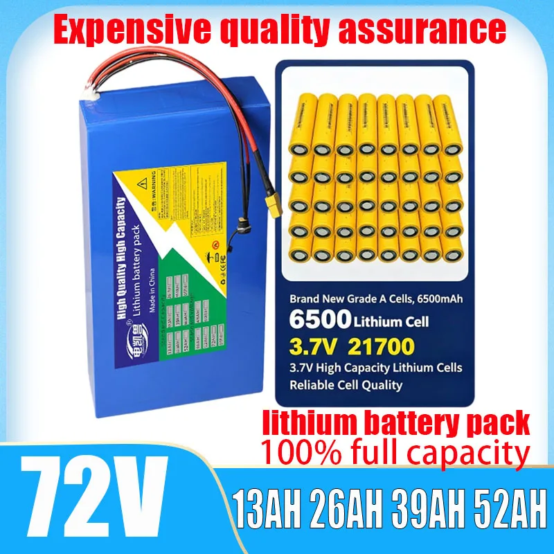 New 72V 52Ah 39Ah 26Ah 13Ah 21700 6500mAh Lithium Battery Pack with Built-in BMS 0-3500W Motor High-Power Rechargeable Battery
