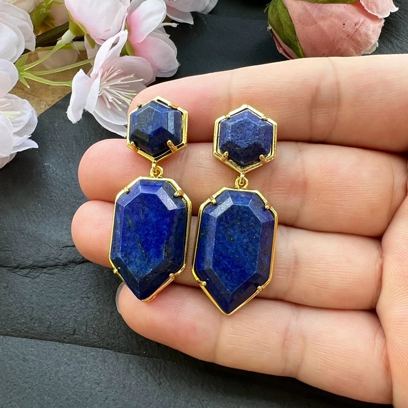 18X45mm Damen Ohrstecker Geometrischer Edelstein-Schmuck Doppelseitig Facettierte Sechseckige Schwertspitze auf Naturstein Labradorit Ohrringe – Detail 4